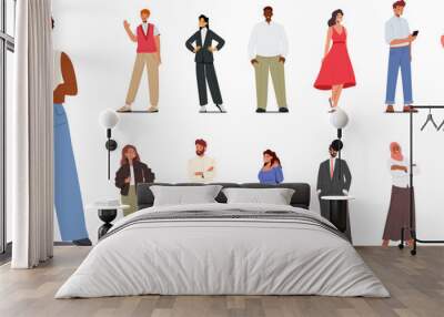 Set Stylish Multinational People. Male and Female Characters, Caucasian, Arab, African or Asian Men and Women Wall mural