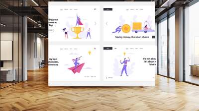 Successful Economic Business Solutions Concept for Landing Page Set. People Characters with Prize, Car and Coins, Paper Plane with Telescope and Idea for Website and Web Page. Flat Vector Illustration Wall mural