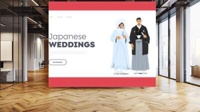 Traditional Japanese Wedding Landing Page Template. Asian Marriage Ceremony. Newlywed Couple Wear National Costumes Wall mural