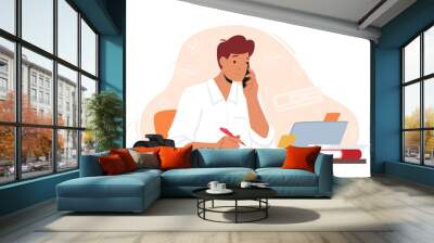 Writer, Editor, Blogger or Journalist Creative Male or Character Sit at Workplace with Laptop and Photo Camera Wall mural