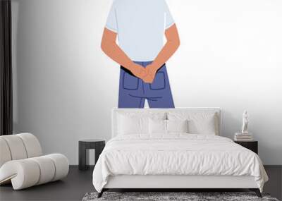 Young Man Back View, Male Character in Polo T-shirt and Jeans Holding Hands Behind. Abstract Person Businessman Rear Wall mural