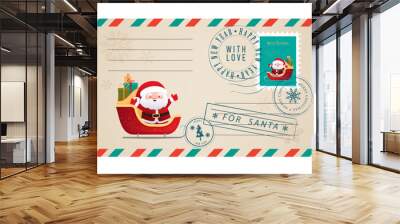 Template of an old Christmas envelope with the image of Santa.Retro style Christmas greeting card with rubber seal, stamp.Vector illustration in cartoon,retro style Wall mural