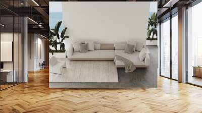 Top view aesthetic modern minimalist living room with a beige sofa and ocean views from the panoramic windows. Decor braided carpet on concrete floor and designer armchair, palm trees in pots Wall mural