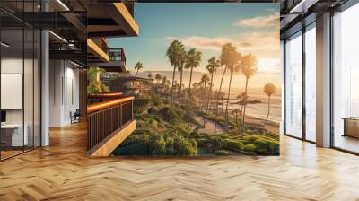 A luxurious resort boasting ocean-view balconies that offer breathtaking vistas of the sparkling waters at sunset. AI-generated image Wall mural