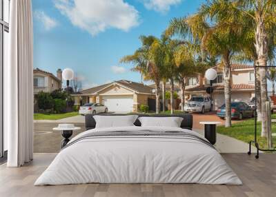 Beautiful houses with nicely landscaped front the yard, and cars parked on a sidewalk in small town in California. Wall mural