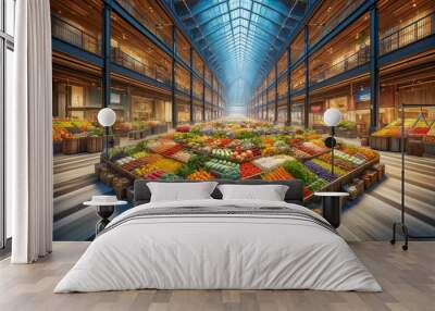 Indoor market hall filled with an extensive array of neatly organized fresh produce. Wall mural