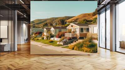 Mobile home park. A row of residential mobile park homes with nicely landscape front yard in a small town somewhere in California. Lifestyle, architecture, street view. Wall mural