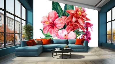 Tropical flora, isolated white background, watercolor illustration. Hibiscus, orchid, guzmania and palm leaves Wall mural