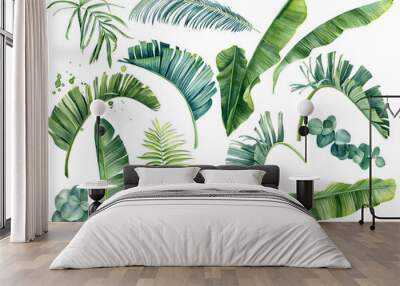 Tropical set of plants on a white background. Watercolor hand painted, summer clipart, palm leaves Wall mural