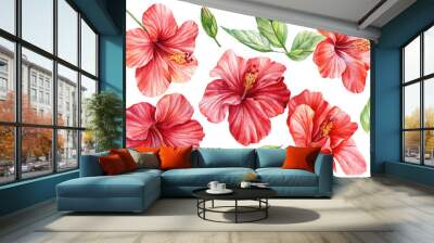 Tropical summer exotic flowers. Watercolor drawn hibiscus on isolated white background Wall mural