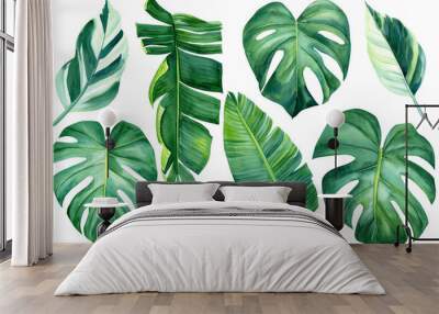 Tropical watercolor palm leaves on an isolated background, set of green plants, botanical illustration Wall mural