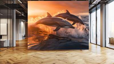 Two dolphins jumping over the water at sunset. Generative AI. Wall mural