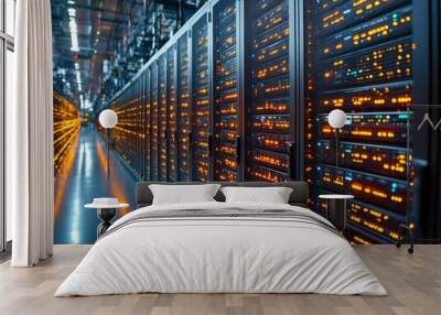 Vast data center corridor with illuminated server racks Wall mural