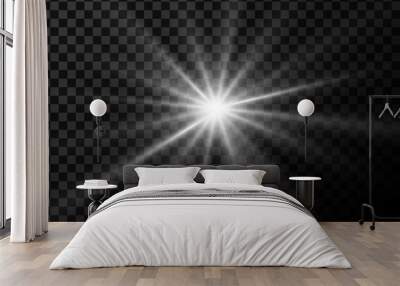 Vector glowing light effect png. The sparkle of the glare. White star on a transparent background. Wall mural