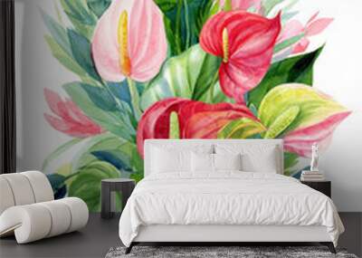 watercolor  bouquet of flowers anthuriums, protea, leaves, eucalyptus on an isolated white background, hand drawing Wall mural