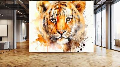 Watercolor illustration of a pretty tiger on white background. Colorful portrait of a stripped wildcat. Generative AI art. Wall mural