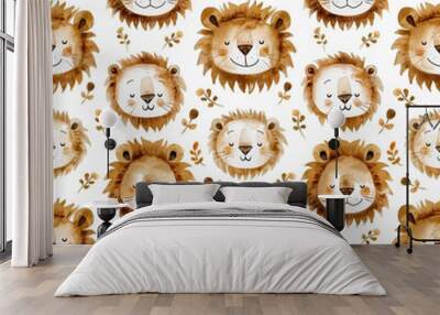 Watercolor seamless pattern with cute baby lion faces isolated on white background. Wall mural