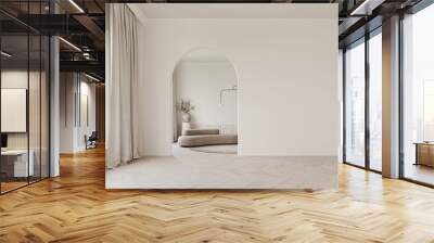 White classic room with an archway for the entrance. Beige sofa and coffee table in the background. Mockup for furniture or product presentation Wall mural