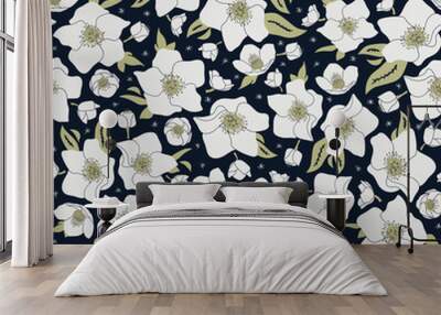 White hellebore flowers on dark blue background seamless vector pattern Wall mural