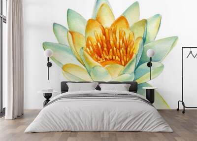 white lotus flower on an isolated white background,  hand drawn painting, water lily Wall mural