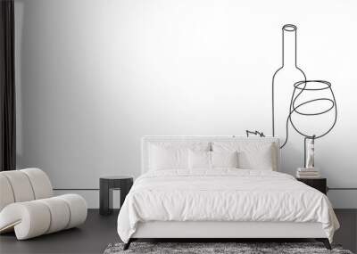 Wine glass, a bottle of wine and grapes. Still life. Sketch. Draw a continuous line. Decor Wall mural