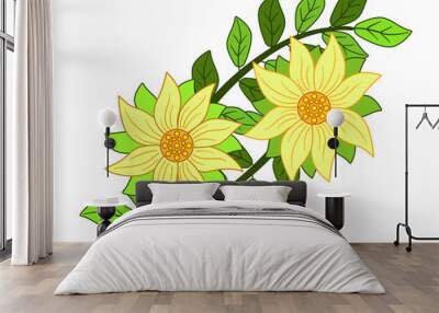 Yellow flowers with leaves. Decoration of two flowers against the background of leaves. Wall mural