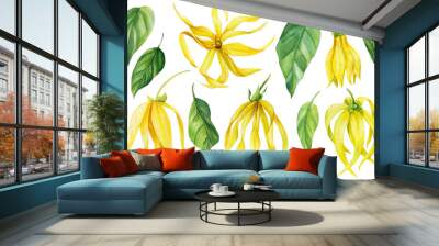 Ylang-ylang yellow tropical flowers and leaves on an isolated white background. Watercolor botanical illustration Wall mural