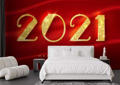 2021 Happy new year. Gold Numbers Design of greeting card on a red background. Gold Shining Pattern. Happy New Year Banner with 2021 Numbers on Bright Background. Vector illustration. Wall mural