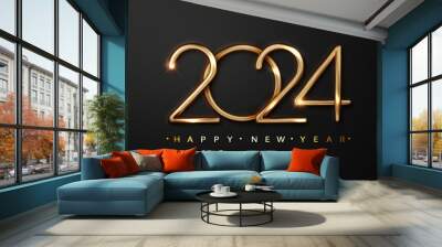 2024 New Year on black background. Holiday design card witch golden metallic numbers date for greeting card, invitation, calendar Wall mural