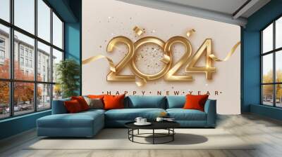 2024 New Year with golden golden ribbon. Elegant festive christmas banner with falling confetti on bright background. 2024 Golden 3d number. Wall mural