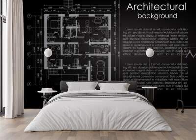 Architectural vector background. White drawing on a black background. Brochure. Drawing of a house. Disposition of the house. Banner with space for writing in the architectural style Wall mural