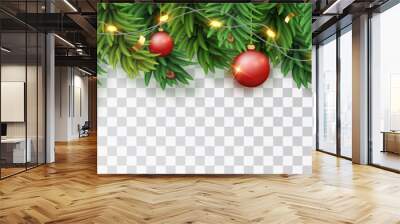 Christmas horizontal seamless frame with fir branches, diode garland and red Christmas toys and falling candy isolated on a transparent background Wall mural