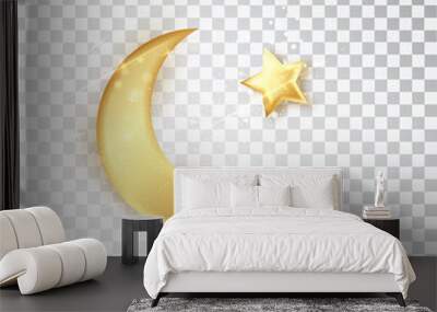 Gold shiny glowing half moon with star isolated on white background. Crescent Islamic for Ramadan Kareem design element. Vector illustration Wall mural