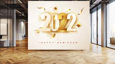 Happy New Year 2022. White and golden numbers on white background. Holiday greeting card design Wall mural