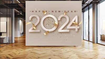 Happy New Year 2024. Realistic 3d number with falling confetti on bright background. Wall mural