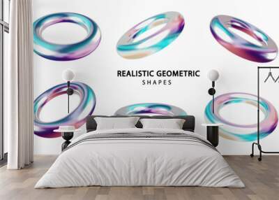 Holographic torus shapes set isolated on white background PNG. Gradient holographic color realistic primitives . Abstract decorative vector figure for trendy design Wall mural