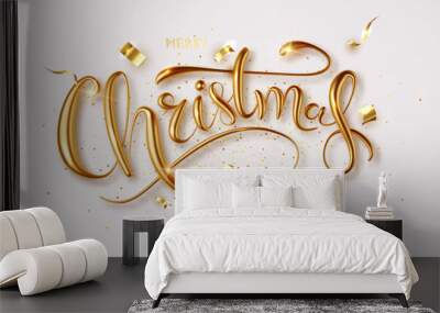 Merry Christmas banner template on dark background. Gold calligraphy lettering greeting card concept. Wall mural