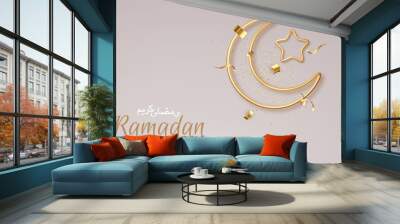 Ramadan Kareem holiday design concept. Islamic 3d gold crescent and star silhouette. Place for text Wall mural