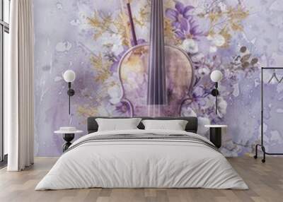 Dreamy Gold and Purple Color Violin Floral Design Wallpaper l Romantic Atmosphere Flower Luxury Background l Watercolor Abstract Soft Color Beautiful Retro Image File Wall mural