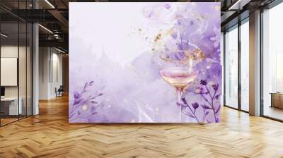 Dreamy Gold and Purple Color Wine Glass Floral Design Wallpaper l Romantic Atmosphere Flower Luxury Background l Watercolor Abstract Soft Color Beautiful Retro Image File Wall mural