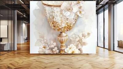 Luxury White and Gold Color Glass cup with Flower Design Vintage Paper l Romantic Atmosphere Golden Floral Background Wallpaper l Moody Art Image for Scrapbook Journal Book Cover Commercial Use Wall mural