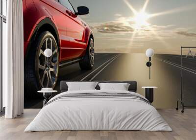 3d car sedan rides on the road to meet the sun, 3D rendering. Wheel close-up. Wall mural