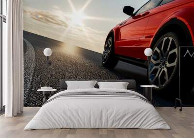 3d car sedan rides on the road to meet the sun, concept 3d render for advertising auto products Wall mural