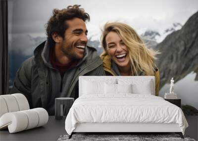 Couple in their 30s smiling at the Aletsch Glacier in Valais Switzerland Wall mural