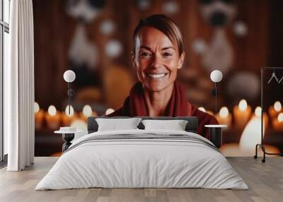 Medium shot portrait photography of a pleased woman in her 40s that is wearing a cozy sweater against a serene meditation retreat with monks and candles background . Generative AI Wall mural