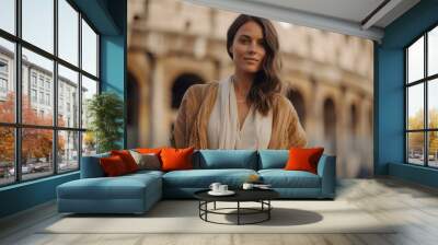 Portrait of a beautiful young woman in a beige coat in Rome, Italy Wall mural