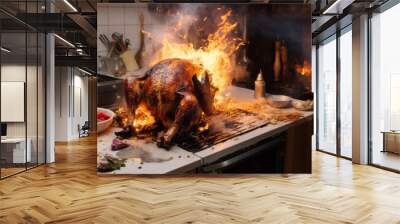 A roast turkey that caught fire in a kitchen Wall mural