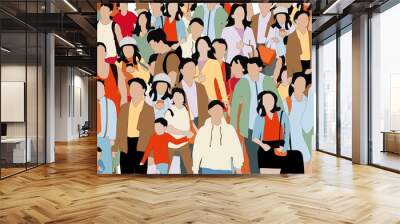 Crowd of people illustration.  Crowded group of men, women and children Wall mural