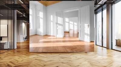 Empty room, flat with stucco ceiling ,  parquet floor and white walls  Wall mural