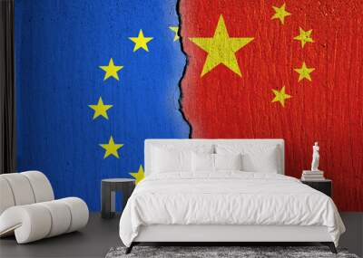 European Union flag  and Chinese flag painted on cracked wall , EU and China relations  - Wall mural